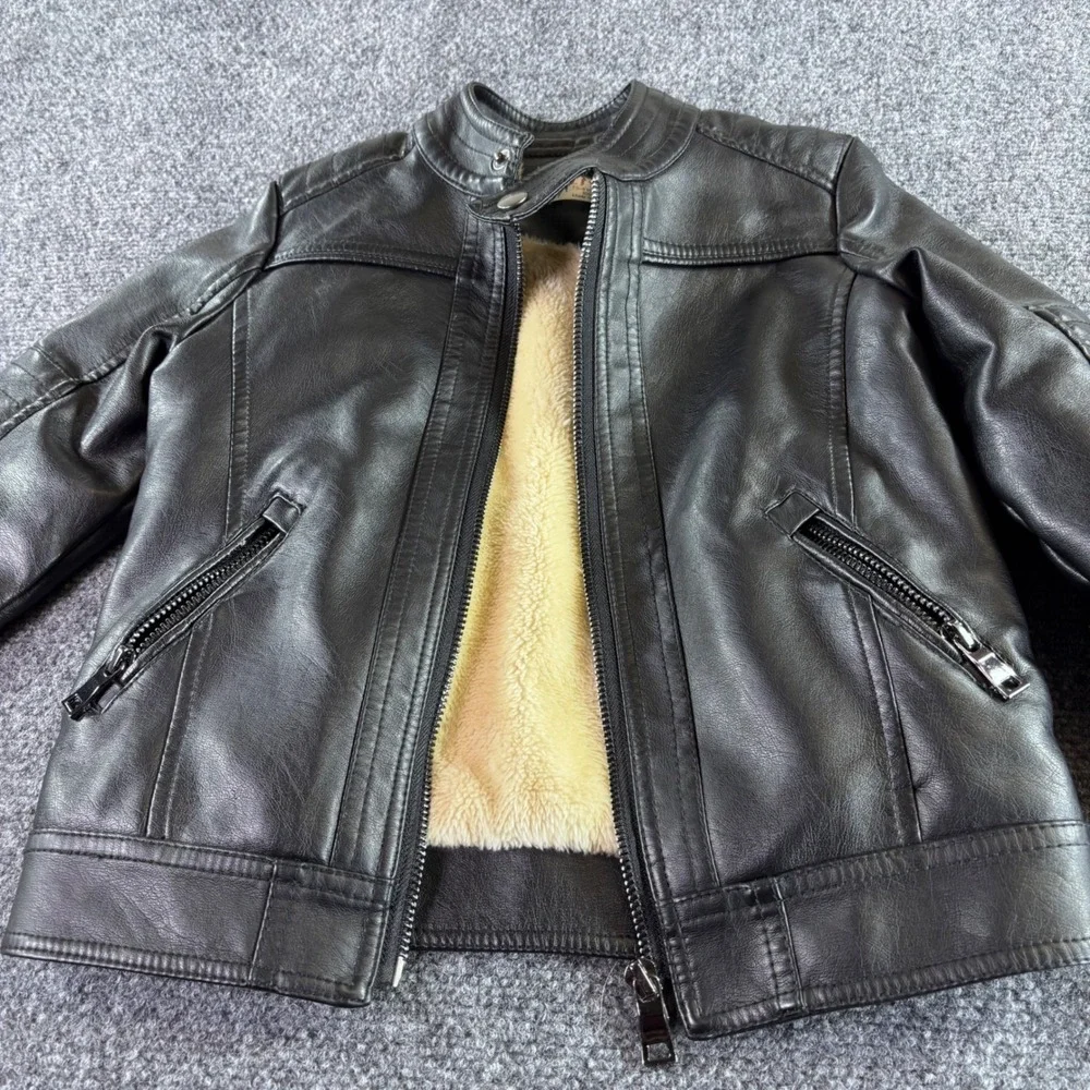 LJYH Moto Jacket Kids 3-4Y Black Faux Leather Fur Lined Biker Zip Quilted Sleeve